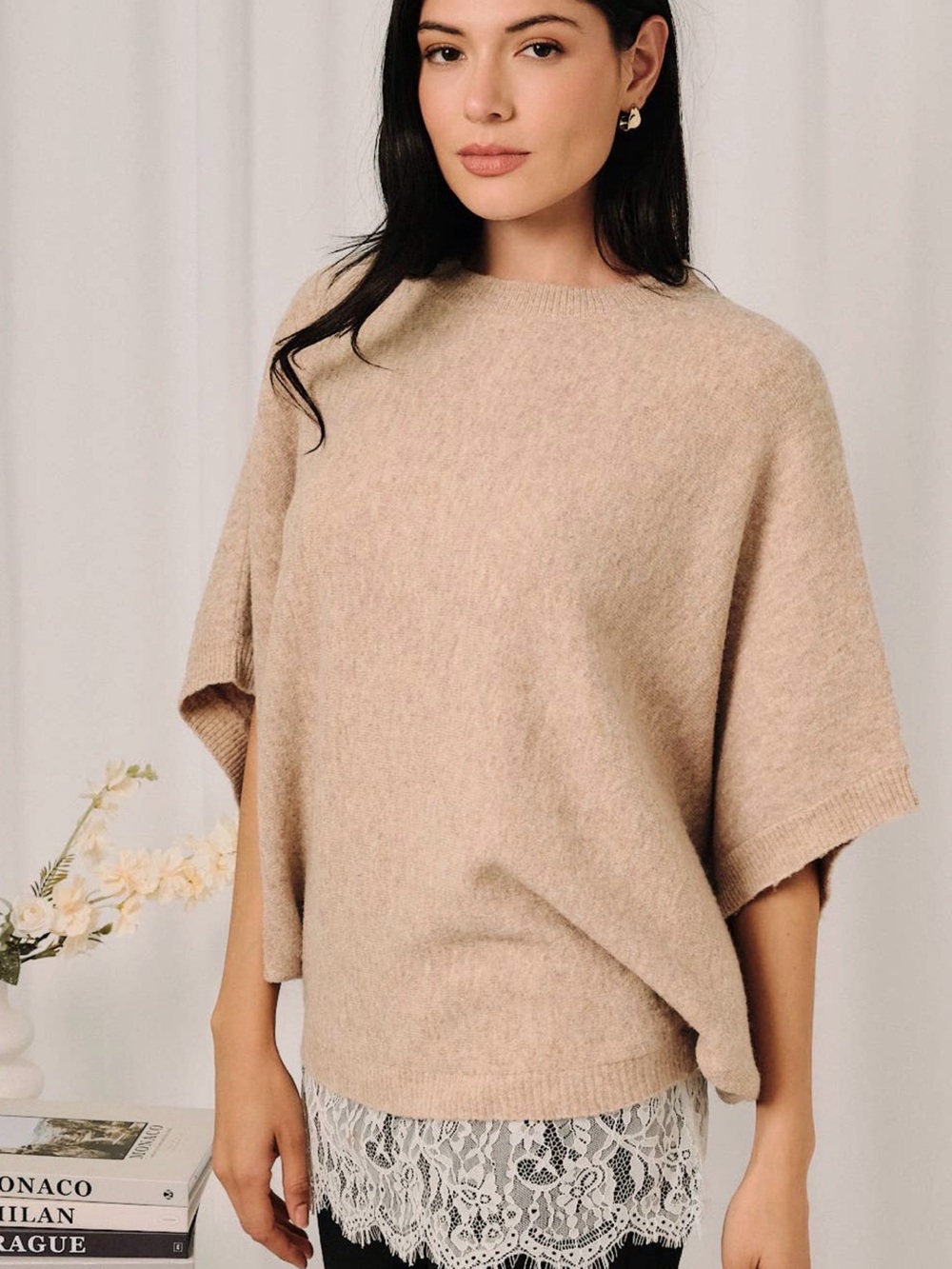 Women's Beige Short-Sleeve Knit Sweater